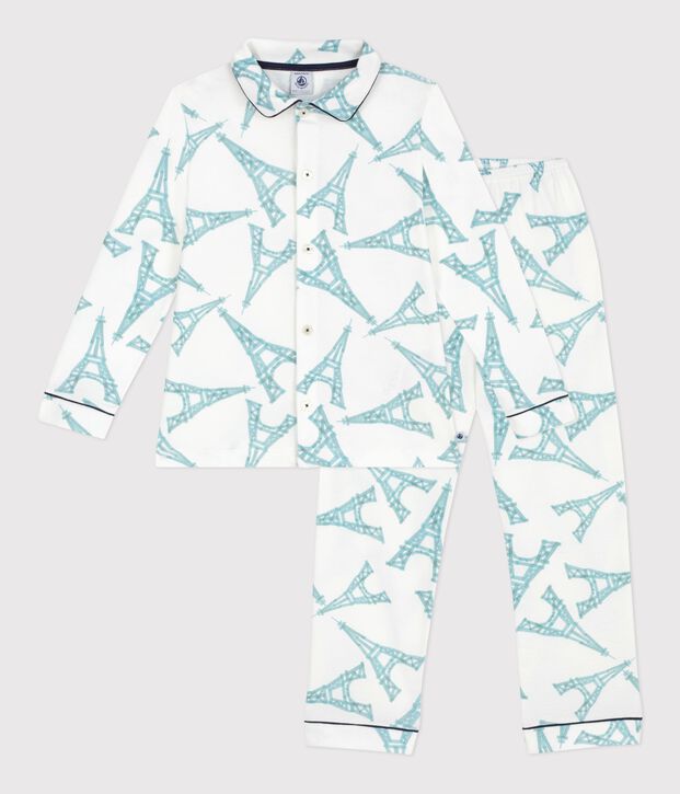 Children's buttoned printed cotton pyjamas white/multicolor