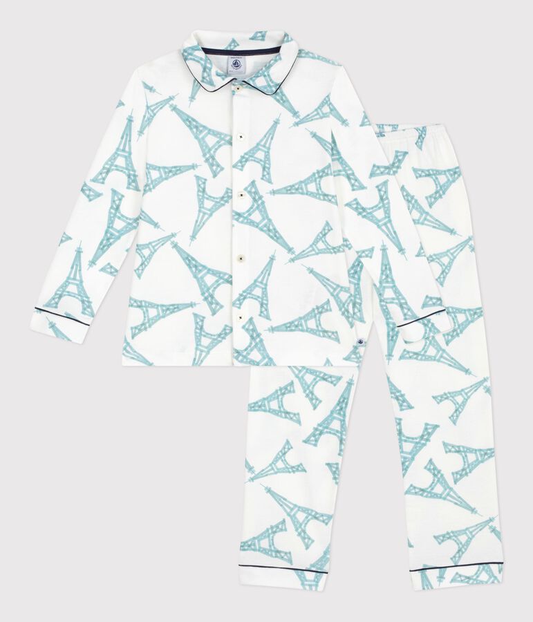 Children's buttoned printed cotton pyjamas white/multicolor
