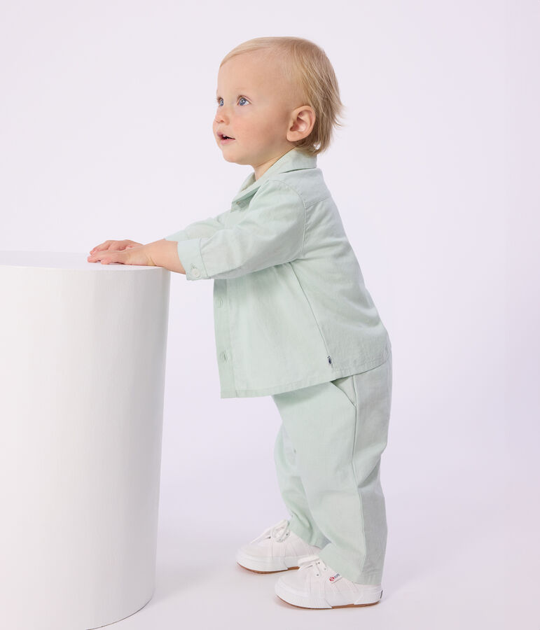 Babies' long-sleeved plain cotton/linen shirt blue