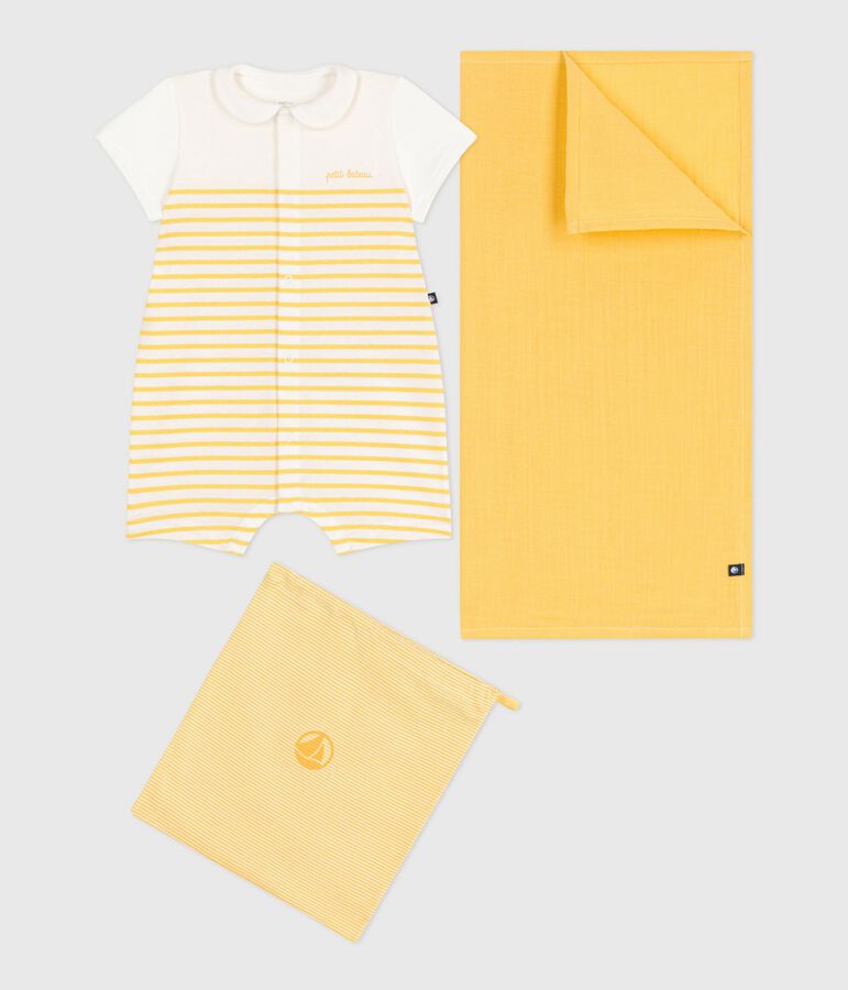 Two-piece newborn baby set with a short jumpsuit and a muslin white/yellow