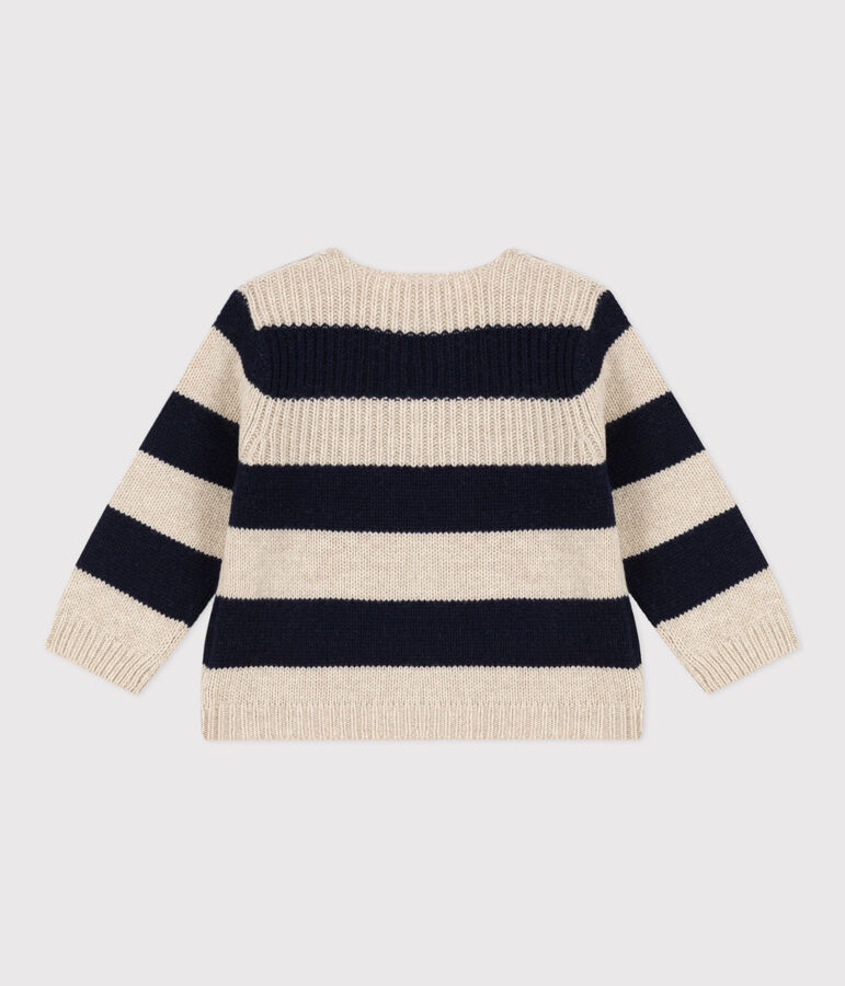 Wool knit and cotton jumper for baby Ecru/blue