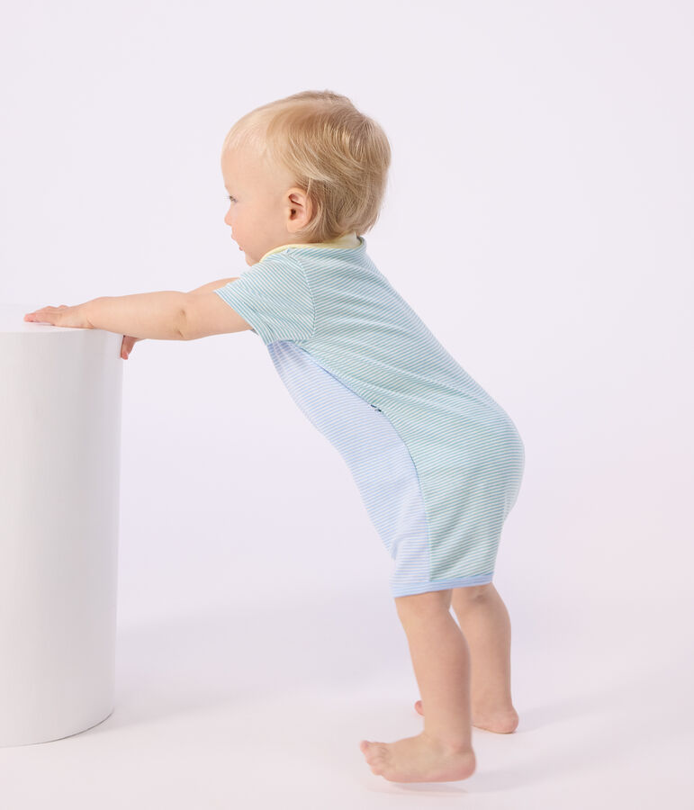 Babies' short cotton playsuit with a collar green/white