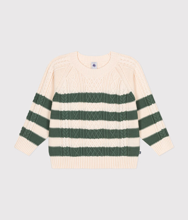 Children's Stripy Cotton Aran Pullover Ecru/green