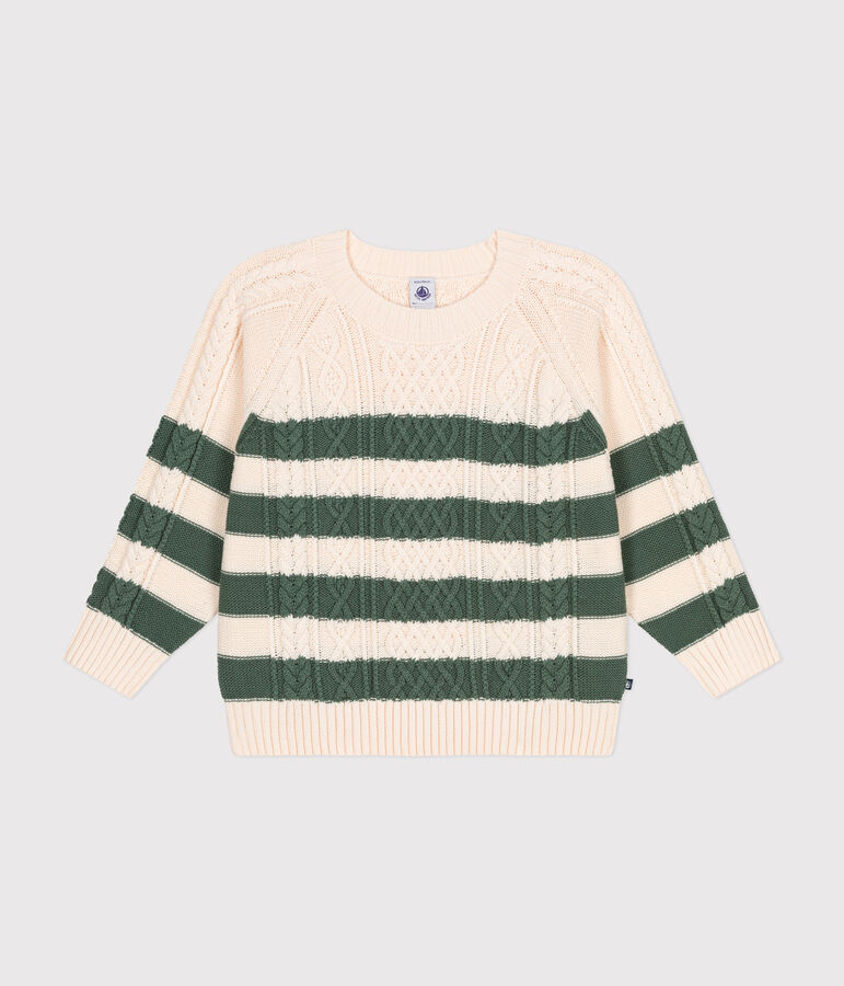 Children's Stripy Cotton Aran Pullover Ecru/green