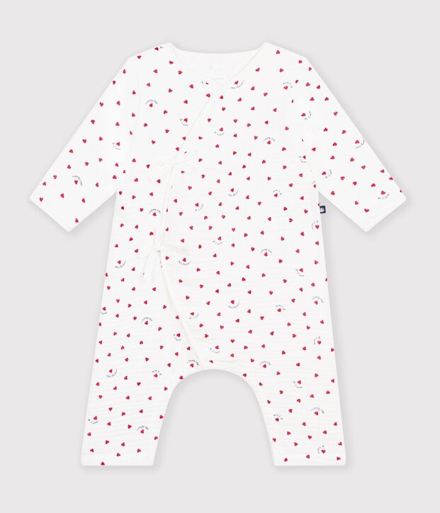 Baby romper in cotton gauze with a small heart print white/multicolor
