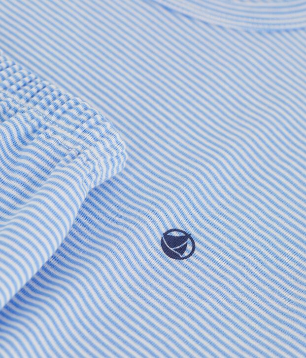 Children's short stripy cotton pyjamas blue/white