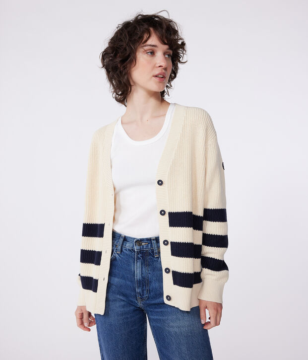 Women's stripy cotton cardigan Ecru/blue