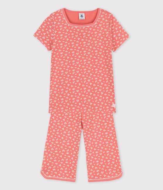 Girls' Floral Short-Sleeved Organic Cotton Pyjamas PAPAYE pink/MARSHMALLOW