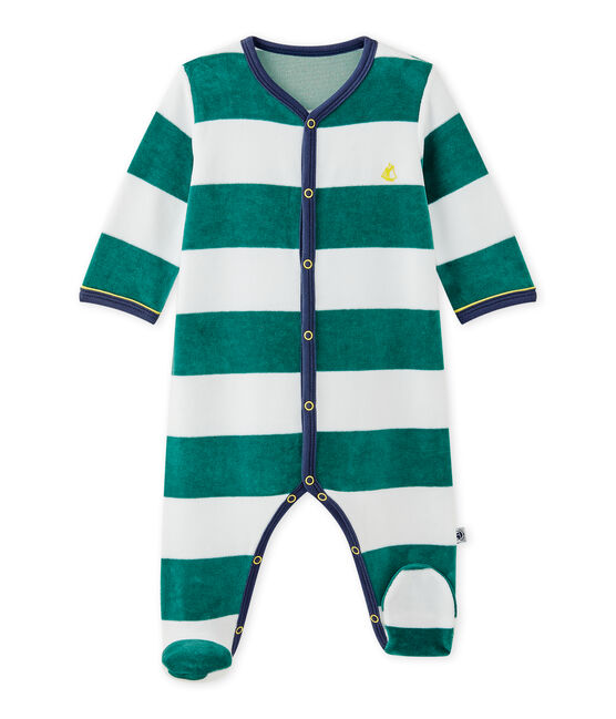 Baby boys' striped velour sleepsuit OLIVIER green/ECUME white