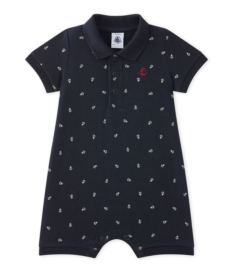 Baby boy's print romper with polo collar blue/beige