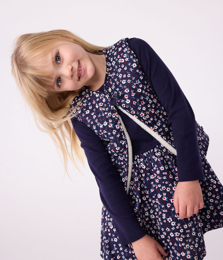 Children's sleeveless cardigan in printed cotton poplin and sherpa blue/multicolor