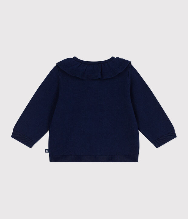 Babies' plain wool and cotton knit cardigan with a collar blue