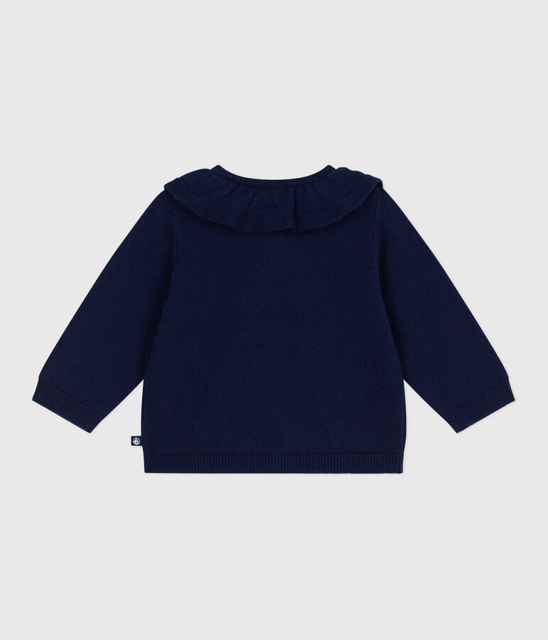 Babies' plain wool and cotton knit cardigan with a collar blue