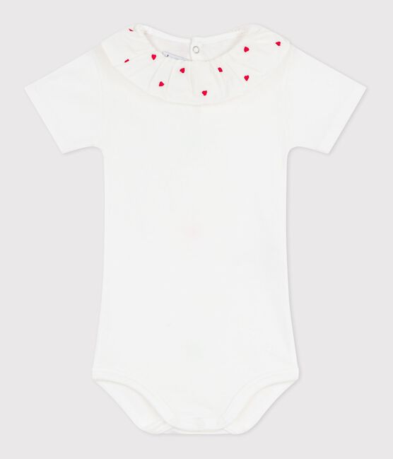 Babies' plain cotton body with an embroidered collar MARSHMALLOW white