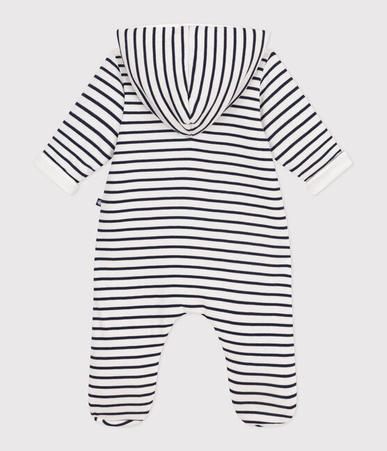 Babies' Breton-stripe padded playsuit with a hood and feet MARSHMALLOW white/SMOKING blue