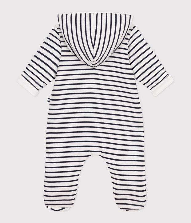 Babies' Breton-stripe padded playsuit with a hood and feet white/blue