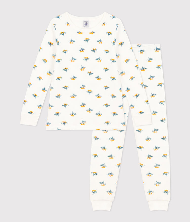 Girls' Flower Brushed Terry Towelling Pyjamas MARSHMALLOW white/MULTICO white
