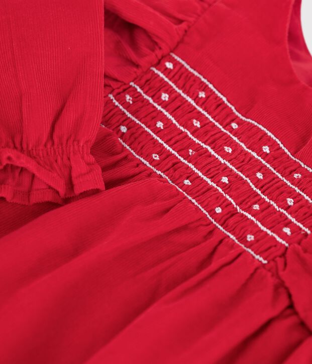Babies' short corduroy playsuit with smocking and ruffles red