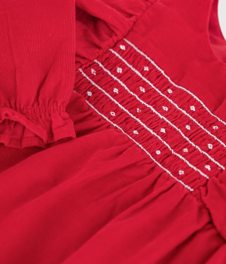 Babies' short corduroy playsuit with smocking and ruffles red
