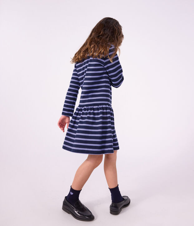 Children's long-sleeved stripy cotton dress blue/real