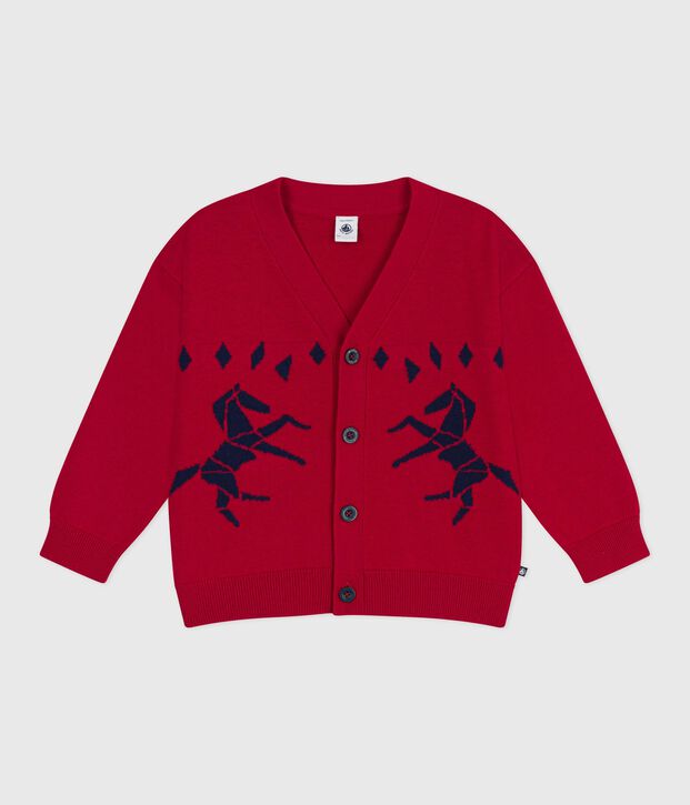 Children's wool and cotton cardigan with little motifs red/blue