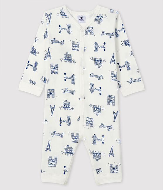 Babies' Footless Ribbed Paris Sleepsuit MARSHMALLOW white/MAJOR blue