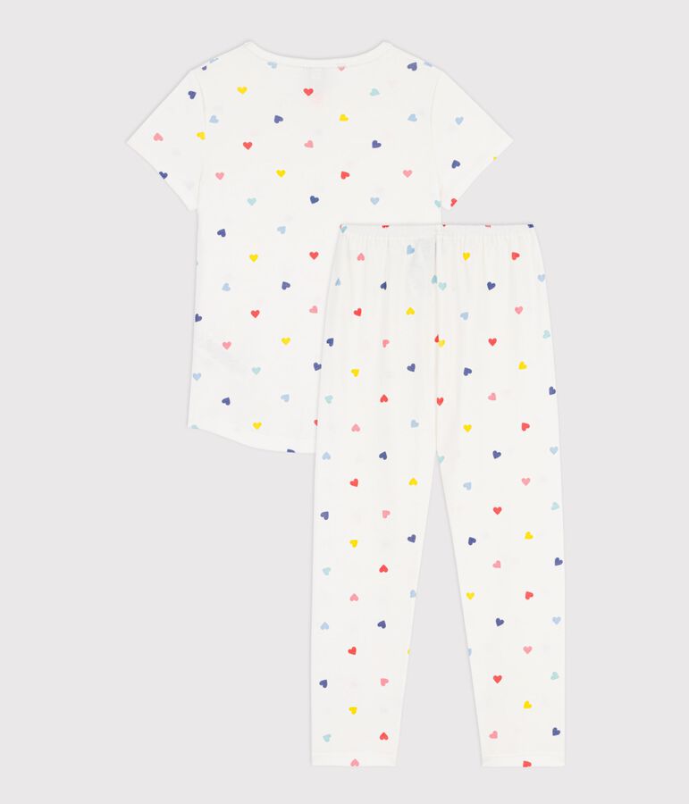 Children's short-sleeved long-leg heart patterned cotton pyjamas MARSHMALLOW white/MULTICO white