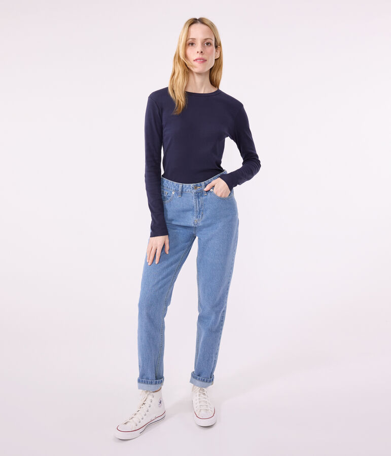 Women's iconic long-sleeved plain rib knit T-shirt SMOKING blue