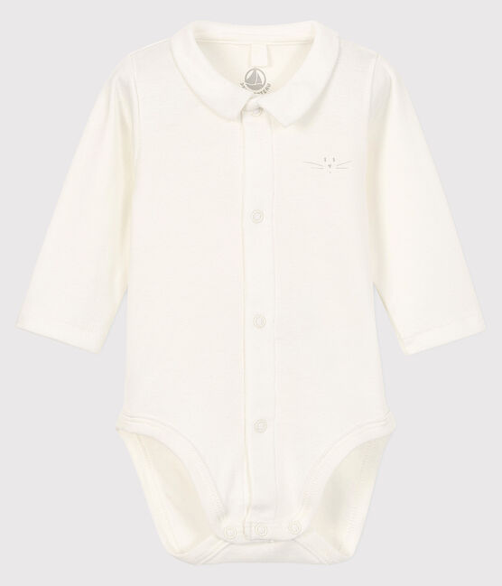 Baby boys' long-sleeved bodysuit with collar MARSHMALLOW white