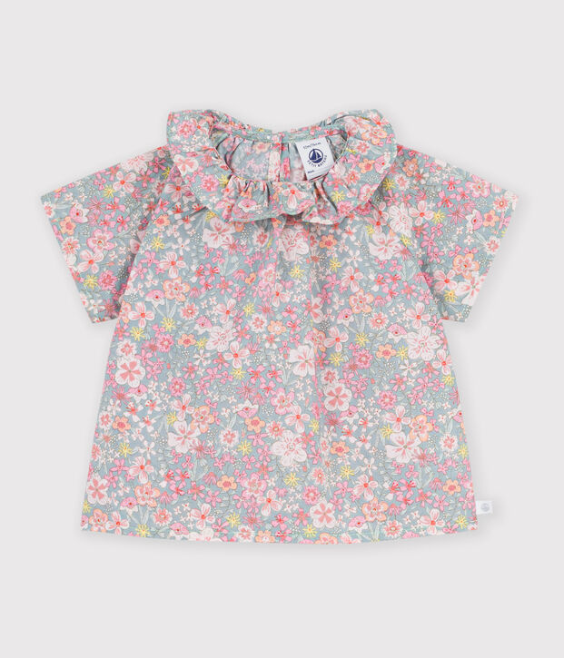 Babies' short-sleeved cotton blouse with a flower print blue/multicolor