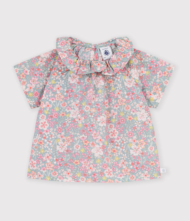 Babies' short-sleeved cotton blouse with a flower print blue/multicolor