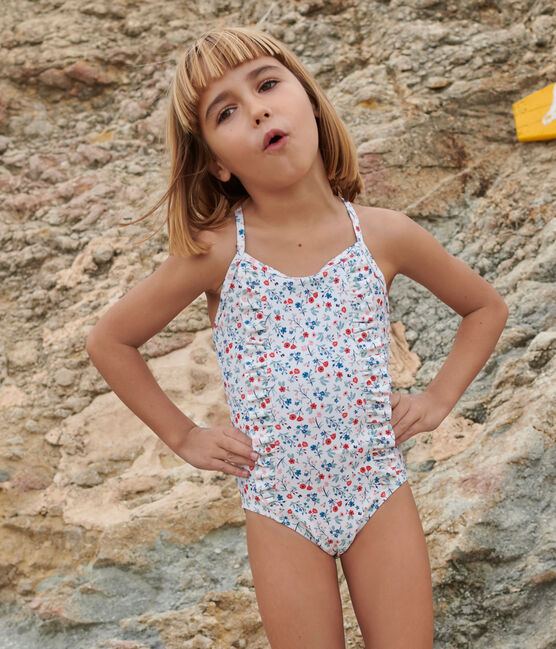 Children's one-piece floral swimsuit MARSHMALLOW white/MULTICO white