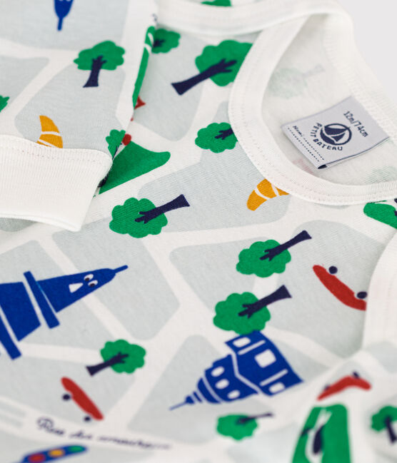 Babies' Paris Print Footless Cotton Pyjamas MARSHMALLOW white/MEDIEVAL blue