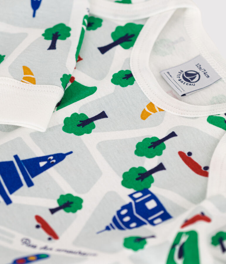 Babies' Paris Print Footless Cotton Pyjamas MARSHMALLOW white/MEDIEVAL blue