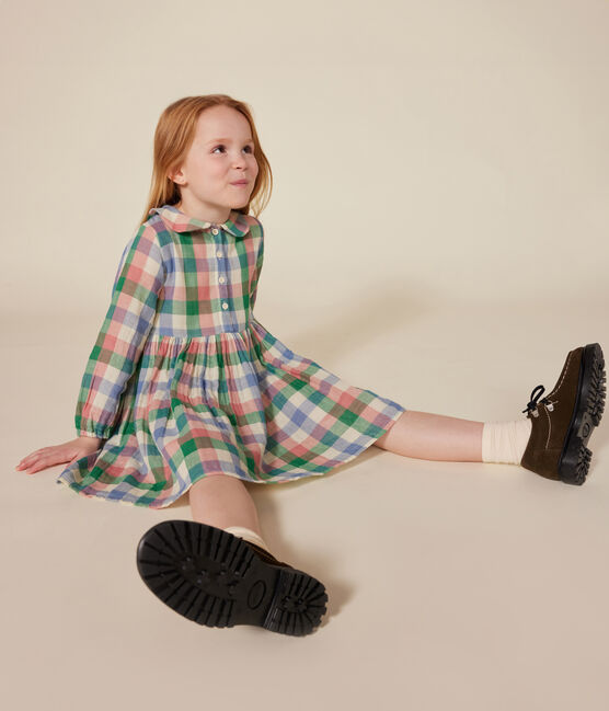 Little girls' long-sleeved cotton gauze dress AVALANCHE white/MULTICO