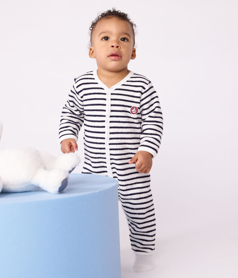Babies' stripy printed cotton footless pyjama suit MILK blue/SOIR