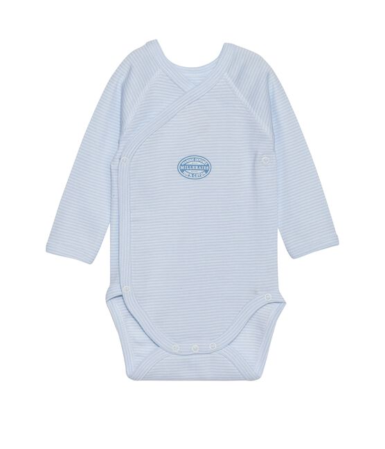 Newborn baby boy long-sleeve bodysuit in milleraies stripe FRAICHEUR blue/ECUME white