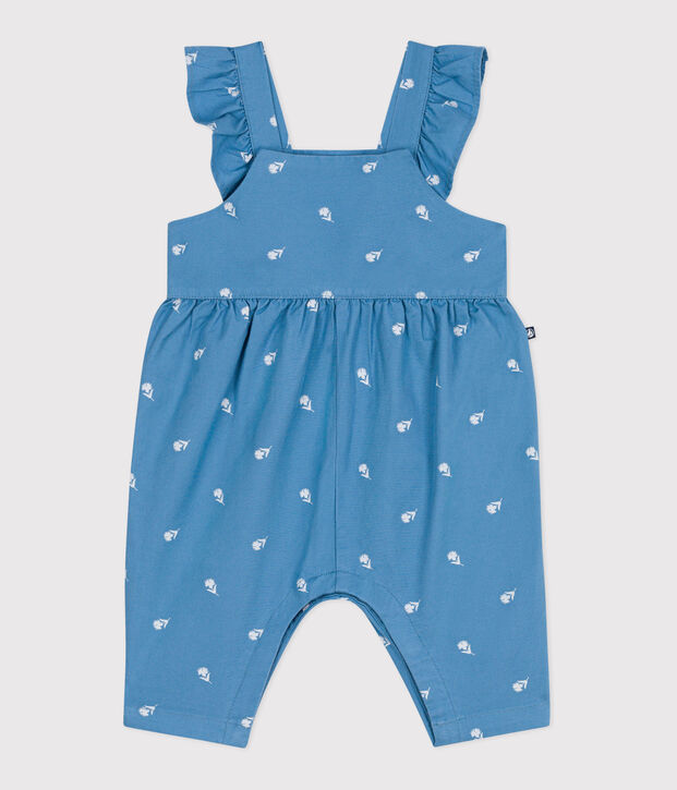 Babies' long cotton dungarees, embroidered with flowers blue/white