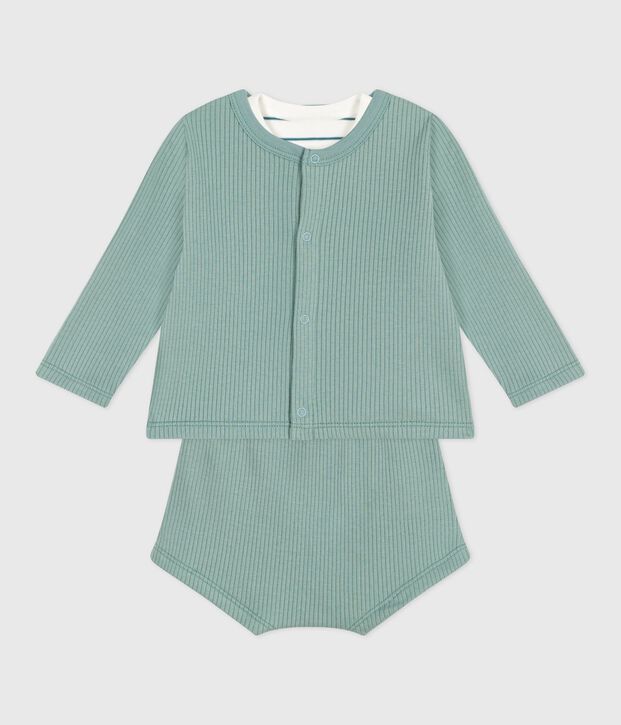 Three-piece newborn set in cotton, including a stripy lemon design T-shirt green/multicolor