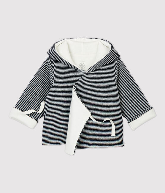 Babies' Stripy Organic Cotton Velour Hooded Jacket MARSHMALLOW white/SMOKING blue