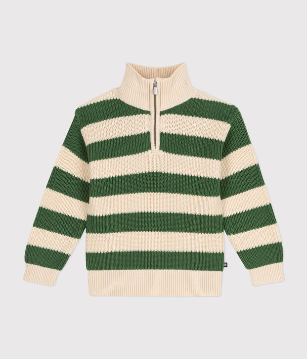Boy's cotton shawl-neck jumper green/ecru