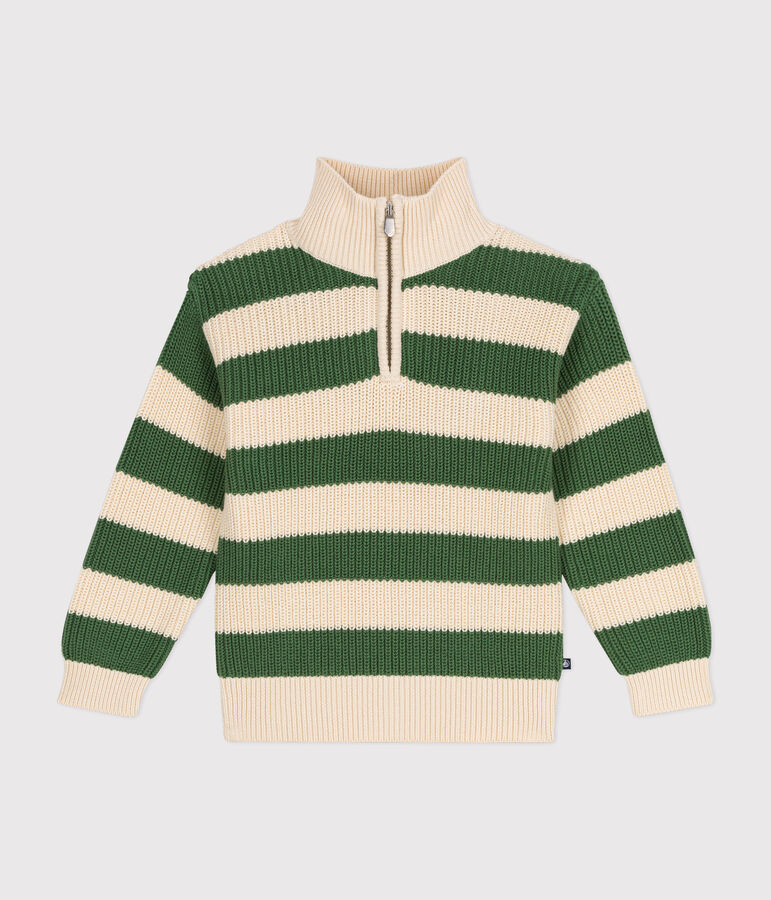 Boy's cotton shawl-neck jumper green/ecru
