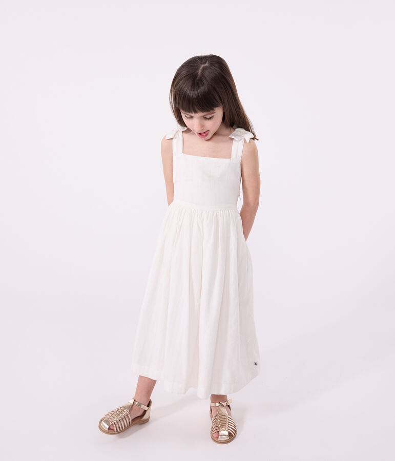 Children's long strappy dress in plain cotton ECUME white