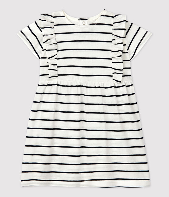 Babies' Short-Sleeved Striped Jersey Dress MARSHMALLOW white/SMOKING blue