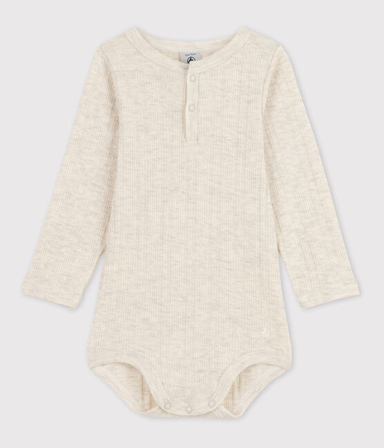 Babies' Long-Sleeved Cotton Henley Bodysuit MONTELIMAR CHINE beige