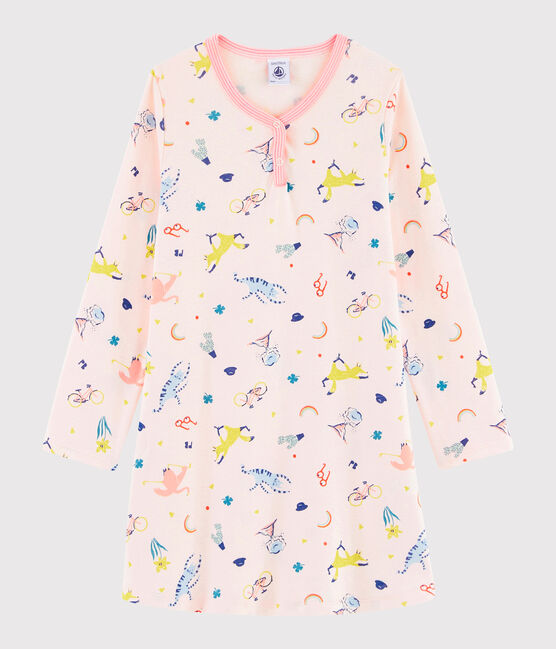 Girl's whimsical print ribbed nightdress FLEUR pink/MULTICO white