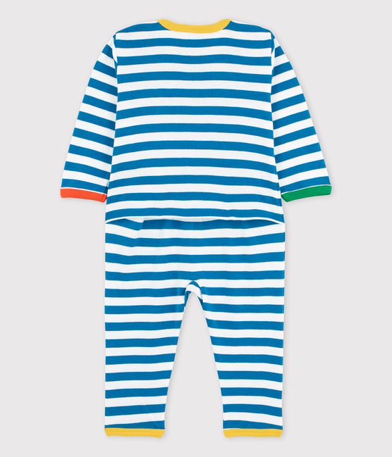Babies' Blue Striped Footless Buttonless Cotton Sleepsuit MALLARD /MARSHMALLOW