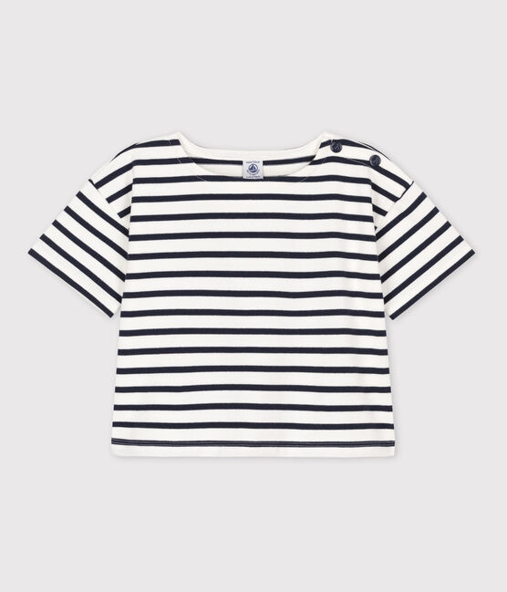 Girls' Stripy Short-Sleeved Cotton T-Shirt MARSHMALLOW white/SMOKING blue