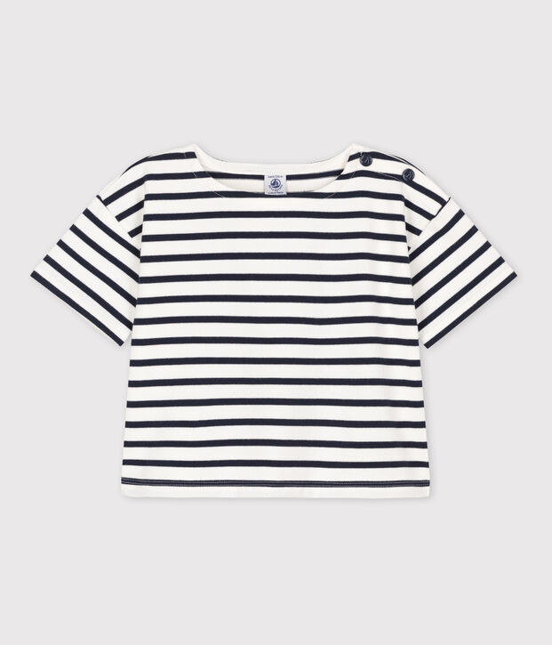 Girls' Stripy Short-Sleeved Cotton T-Shirt white/blue