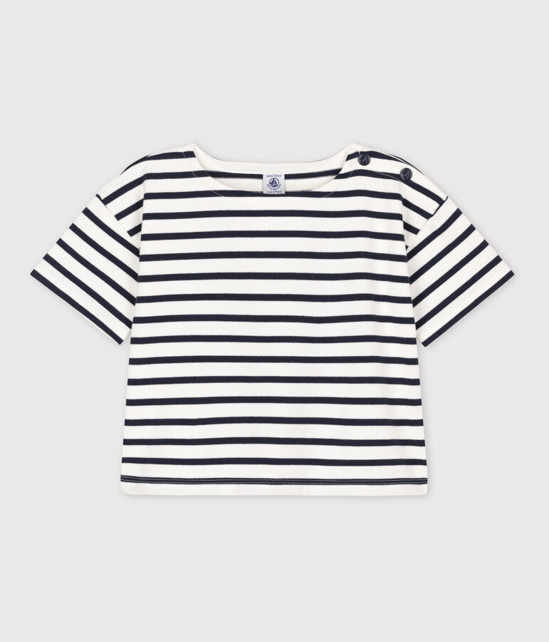 Girls' Stripy Short-Sleeved Cotton T-Shirt white/blue